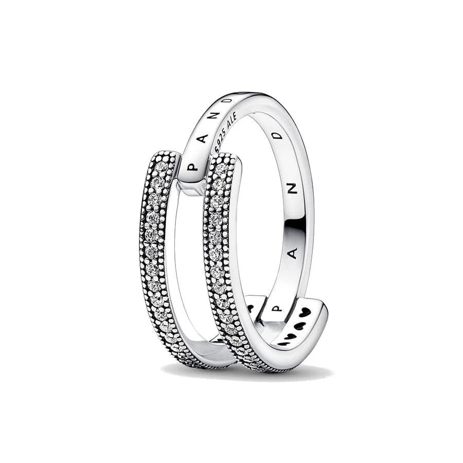 Women's Jewellery PANDORA JEWELS Mod. SIGNATURE LOGO & PAVE DOUBLE BAND - RING - Size 52 ***SPECIAL PRICE***