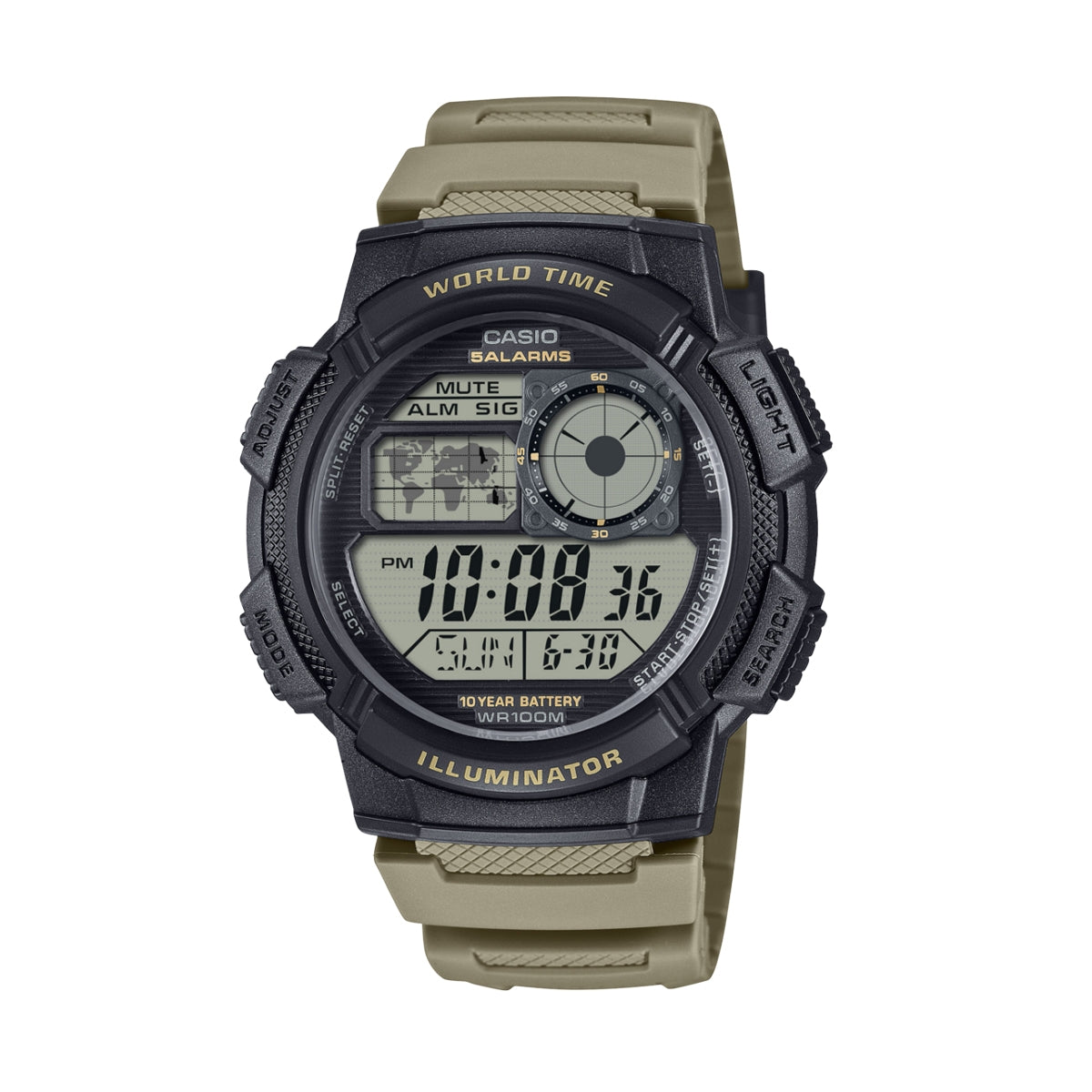 Men's Watch CASIO SPORT Mod. DIVER - WORLD TIME ILLUMINATOR 5 ALARMS, 10 YEARS BATTERY - TAUPE